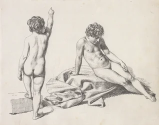 Two Naked Little Girls, One Sitting Seen from the Front, the Other Standing Seen from the Back