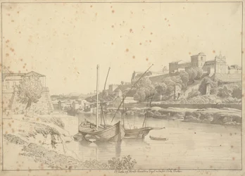 View over the Tiber at Porto di Ripa Grande outside Porta Portese towards Marmorata and the Churches on Monte Aventino, Rome