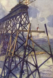 Setting the Steel of the Battle River Viaduct of the Grand Trunk Pacific Railway, Canada