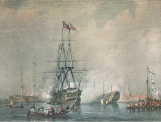 H M S Victory firing a Royal Salute at Portsmouth Harbour, from British Adventure published by Collins, 1947