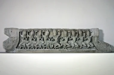 Pediment showing nine dancing asparas, late 12th-early 13th century, from Bayon, Angkor Thom