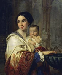Mother with Child in Arms Drawing Holy Water