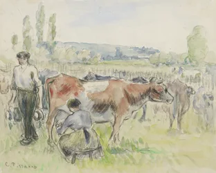 Compositional study of a milking scene at Eragny-sur-Epte, 1884