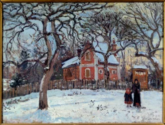 Chestnut Tree and Louveciennes Landscape in Snow. Painting by Camille Pissarro (1830-1903), 1872. Sun. 0.41 x 0.52 m, Paris, Musée d