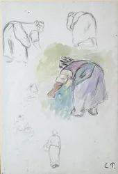 Sheet of studies: four studies of a female peasant bending, and two studies of a woman holding a basin