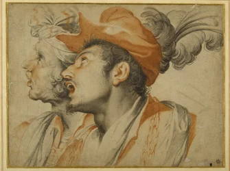 Grotesquerie of two fashionably dressed men singing