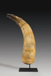 Powder Horn, Engraved with a Map of the St. Lawrence River in the Area of Quebec
