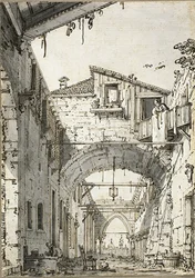 Capriccio: A Street Crossed by Arches (recto) Sketches of Doorway, Staircase and Second Floor of Building (verso)