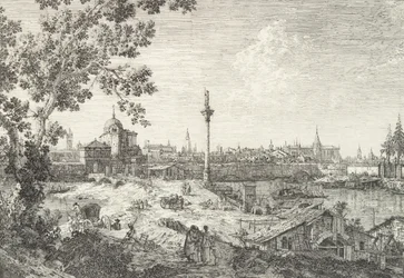 Imaginary View of Padua, with a campanile and domed church at left, a column surmounted
