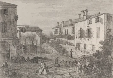The gates of Dolo: the oval basin of the locks at Dolo, with a barge moored to the quay..., 1735-46.