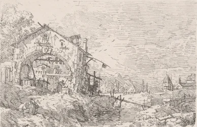 Woman Drawing Water from a Well Beneath an Arcade at Left, with a Landscape at Right