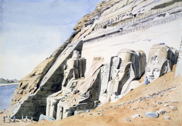 Front of the Great Temple in Abu Simbel. Watercolour. Giant Sandstone Statues of Ramses II. Ancient Egypt Archaeology