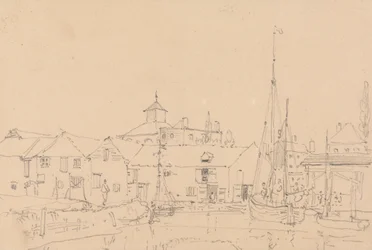 Sketch of Sailing Boats Moored Adjacent to a Village
