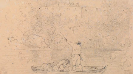 Sketch of Two Men in a Boat and a House on the Shore