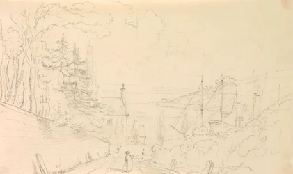 Sketch of a Road Descending to the Shore with Docked Ships