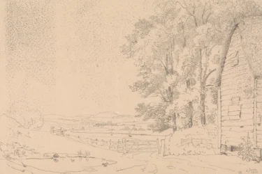Sketch of a Thatched Roof Building and a River Beyond