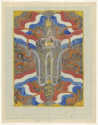 Design with flags, banners and a crowned W and B