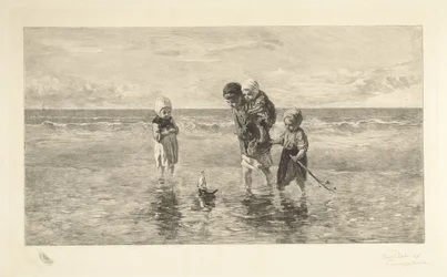 Four Children Playing with Toy Boat on the Beach in Shallow Seawater Children of the Sea