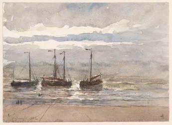 Fishing Boats on the Beach of Katwijk at Rising Tide