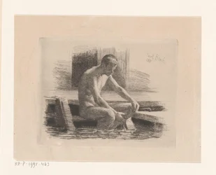Naked Man Sitting on Steps by Water