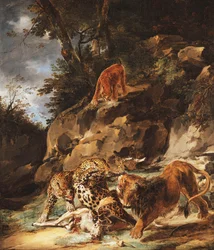A Lion Driving a Pair of Leopards off a Dead Stag