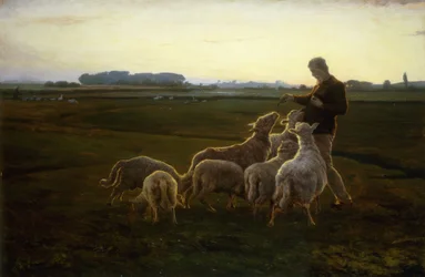A Shepherd and His Sheep with Geese Beyond