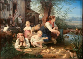 Mother with Children at the Village Pond