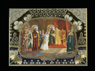 (detail) painted cartouche from a table box, depicting Tsar Alexei Mikhailovich choosing a bride, c.1908-1917