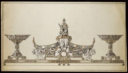 Drawing of a silver oval-shaped basket, House of Carl Faberge