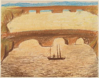 Long Stone Bridges over River with a Ship