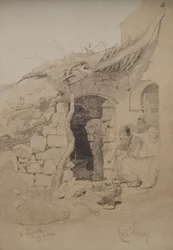 Three Figures Seated Outside a House, Nazareth, 1859