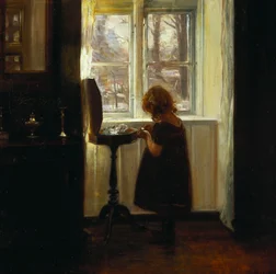 A Girl Standing by a Sewing Table