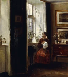 A Young Girl Sewing