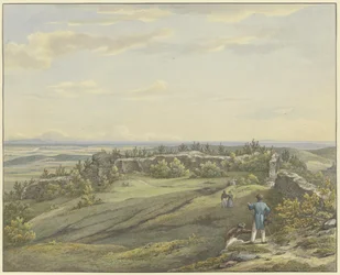 Castle courtyard of Falkenstein ruins with a view of the Main plain, the Odenwald and the Rhine hills