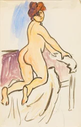 Female Nude Resting on Knees on Bed