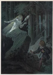 The fairy running away with a golden spindle was singing the fate of a golden button. Illustration by Carl Offterdinger in Bouton d