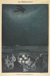 In the trenches. German soldiers, an airplane flying above them in the night sky
