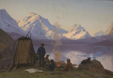 A Greenland Settlement by a Fjord. Summer