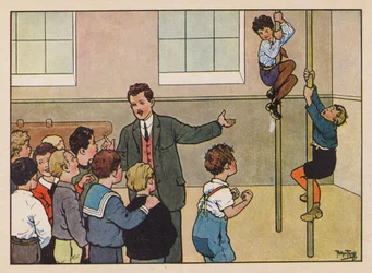 Boys Climbing Poles in the Gym
