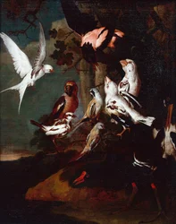 A Moorhen, Swallow, Finches and other birds in a Wooded River Landscape