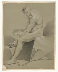 Nude study of a seated prisoner chained to a rock