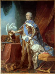 Portrait in foot of Louis XV, in armor, hand placed on a helm. Painting by Carle Van Loo