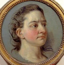Portrait of Mademoiselle Clairon. Josephe Leris de La Tude known as Mademoiselle Clairon (1723-1803), interpreter of Voltaire. Painting by Carle Van Loo (1705-1765)