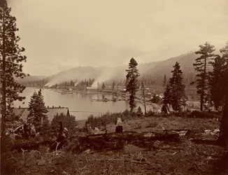 View of Glenbrook Bay, Lake Tahoe, Showing Saw Mills, Breakwater and Steamers of Carson and Tahoe Lumber and Flume Co., also Lake Terminus of Lake Tahoe, N.G.R.R.