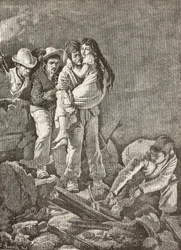 A girl is rescued after her home collapsed, Casamicciola earthquake, Italy, engraving from a drawing by E Sanesi and a painting by Carlo Ademollo, from L