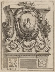 Architectural Motif with Bust and Two Lamps