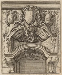 Architectural Motif with Three Shields, Two with Figures