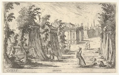 View with a Man in a Turban and a Lion Standing at Right, Tents and Classical Architecture