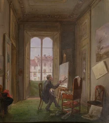 The painter Giuseppe Canella at work on a canvas in his studio, c.1830