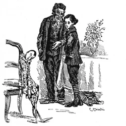 Illustration of Pinocchio by Carlo Chiostri. Pinocchio, finally becoming a real little boy, looks with Geppetto at the wooden puppet he was